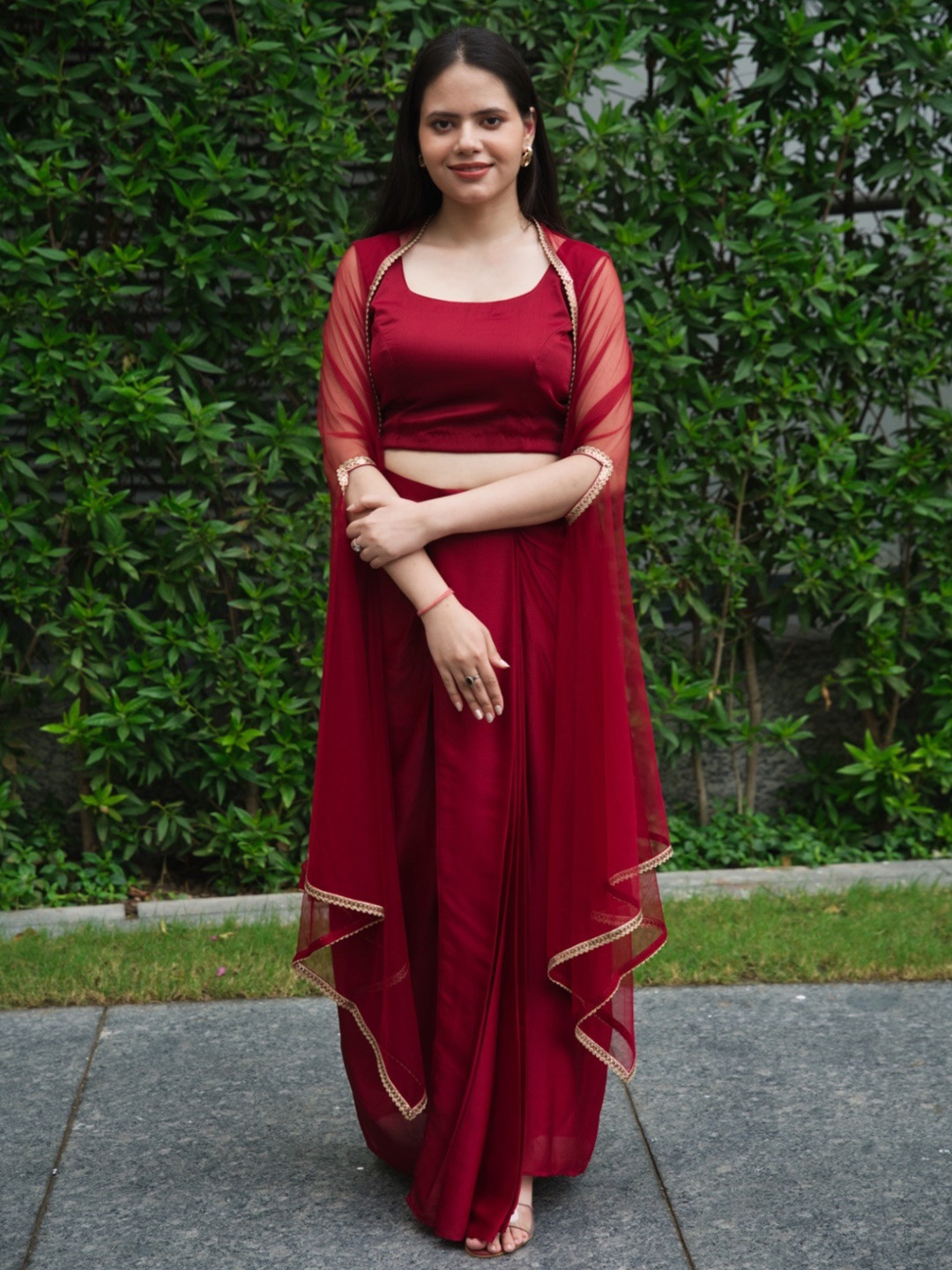 Akaya Round Neck Sleeveless Top Skirt & Shrug Co-Ords