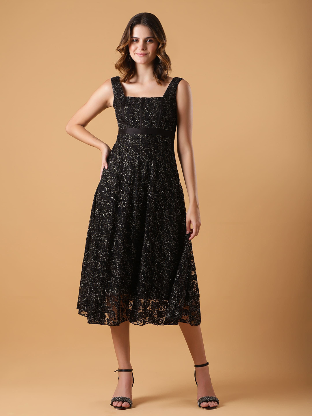 Justin Whyte Women's Solid Lace Fit & Flare Midi Dress