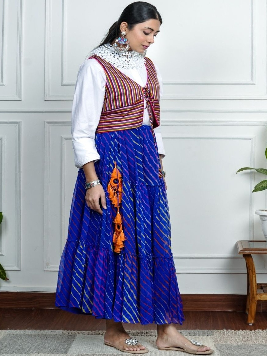 House of Surkh Women Striped Regular Silk Chiffon Kurta with Skirt