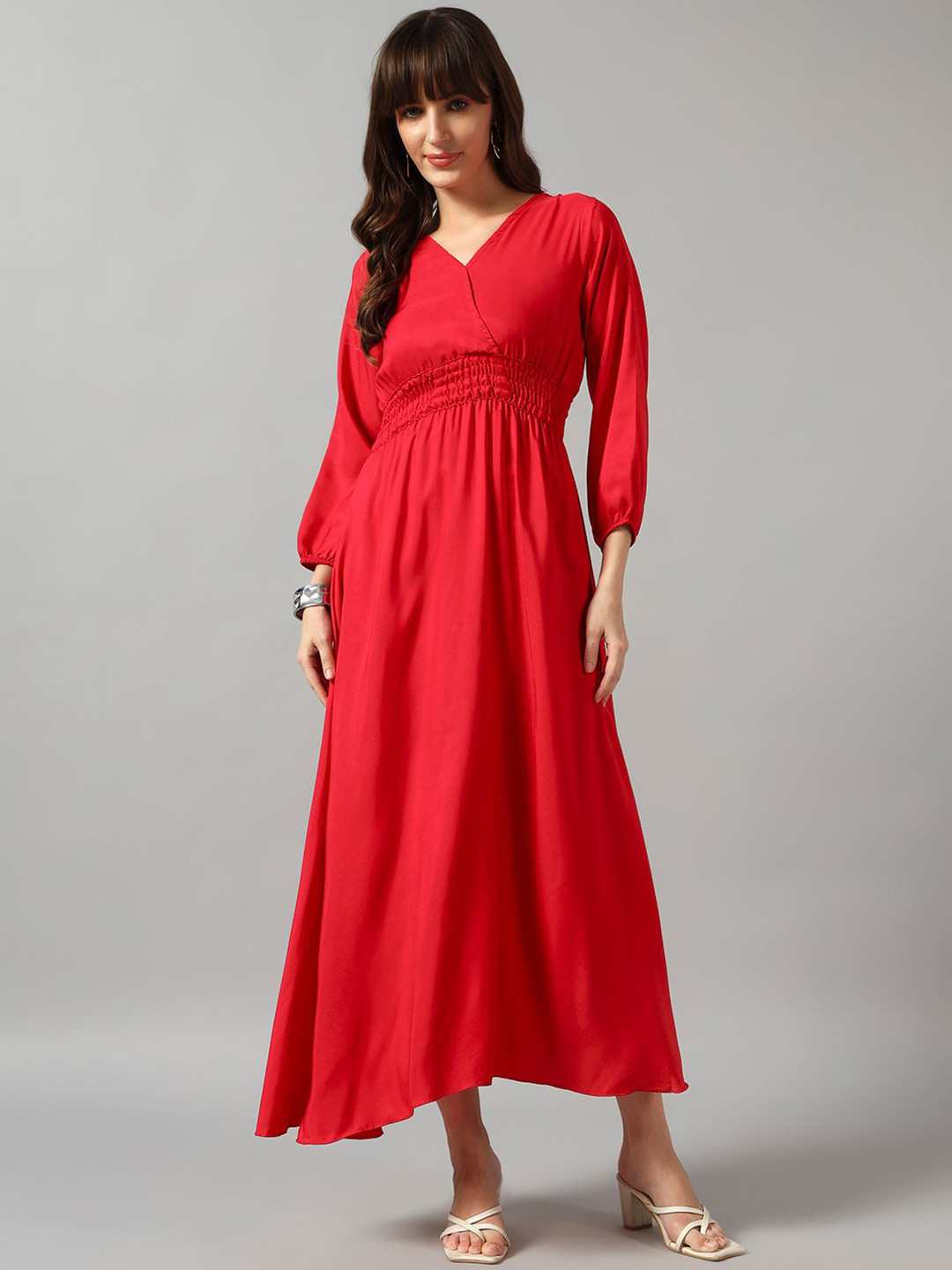 Femvy V- Neck Tiered Long Dress Flared Maxi Dress