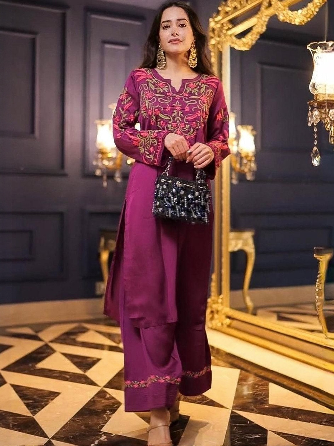 HOUSE OF KARI Purple Komal X HOK Chikankari Satin Silk Kurta Set With Farsi Pants