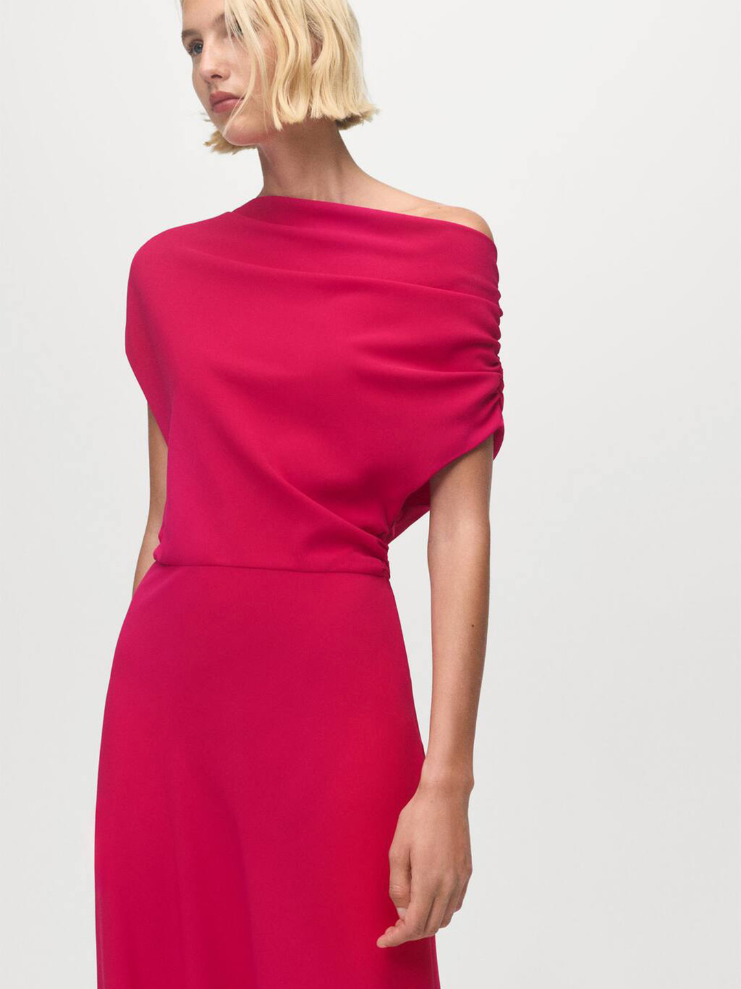 MANGO Ruched One Shoulder Midi Asymmetric Hem A-Line Dress