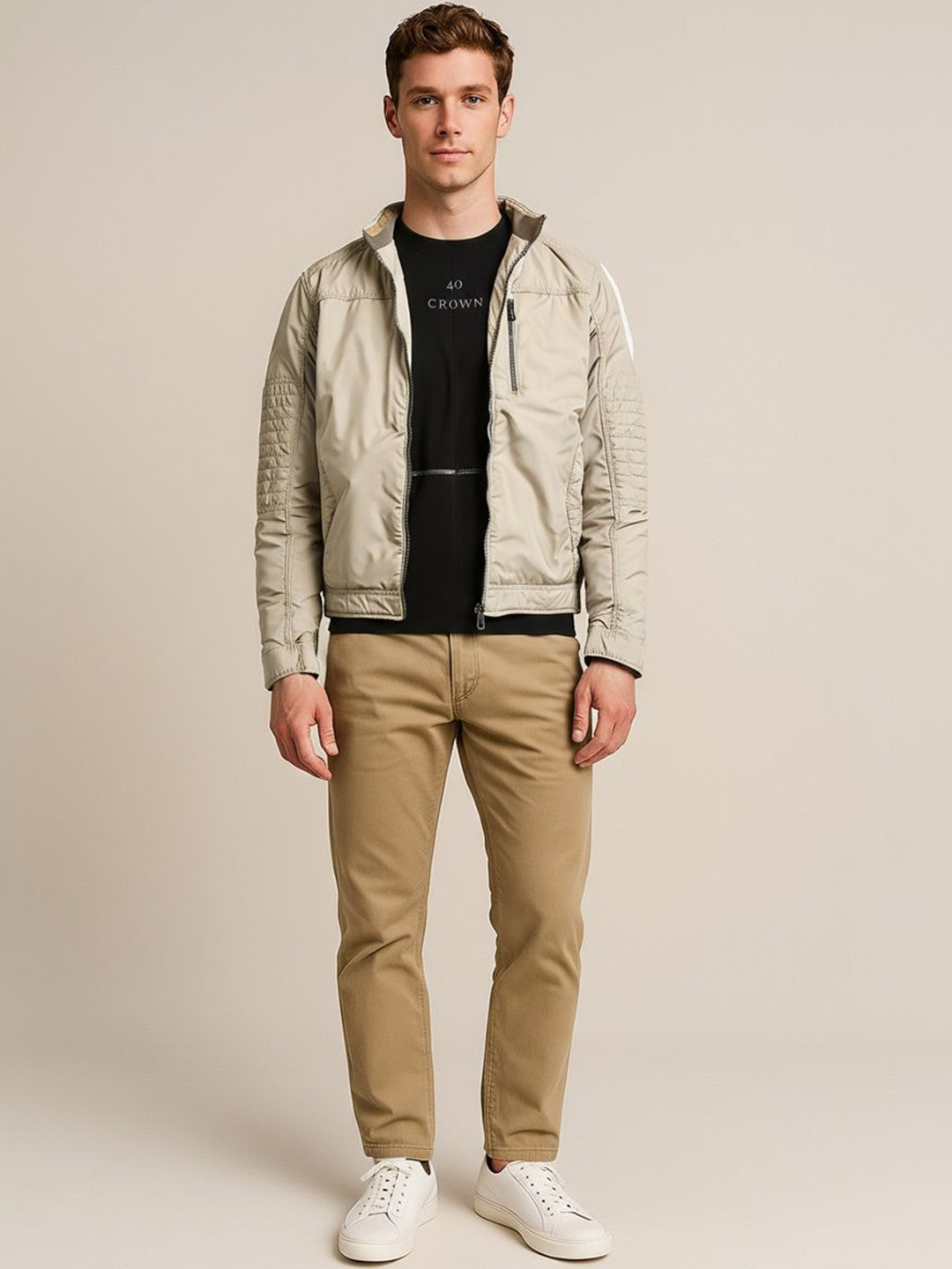 METTLE Mandarin Collar Long Sleeves Cotton Tailored Jacket With Zip Detail