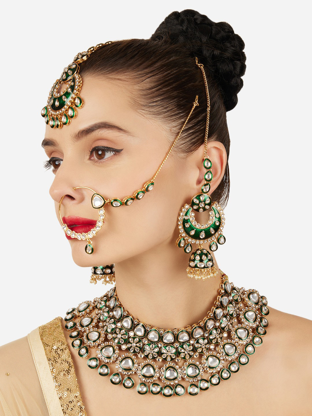 Zaveri Pearls Gold-Plated Meenakari Artificial Stones Studded Choker Necklace & Earrings