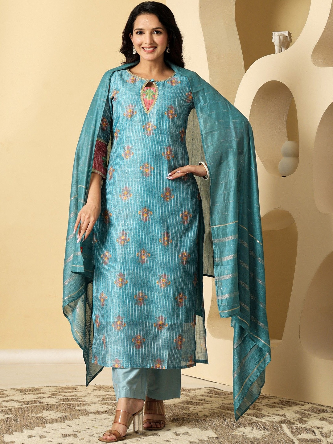 SUAAC Ethnic Motifs Printed Keyhole Neck Chanderi Silk Kurta With Trousers And Dupatta