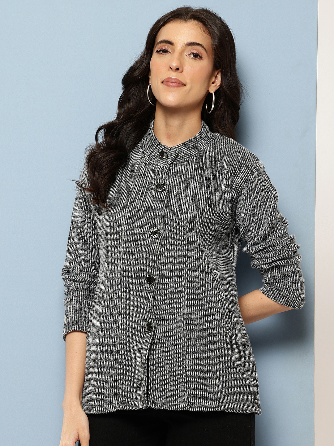 Aarika Band Collar Self-Striped Cardigan