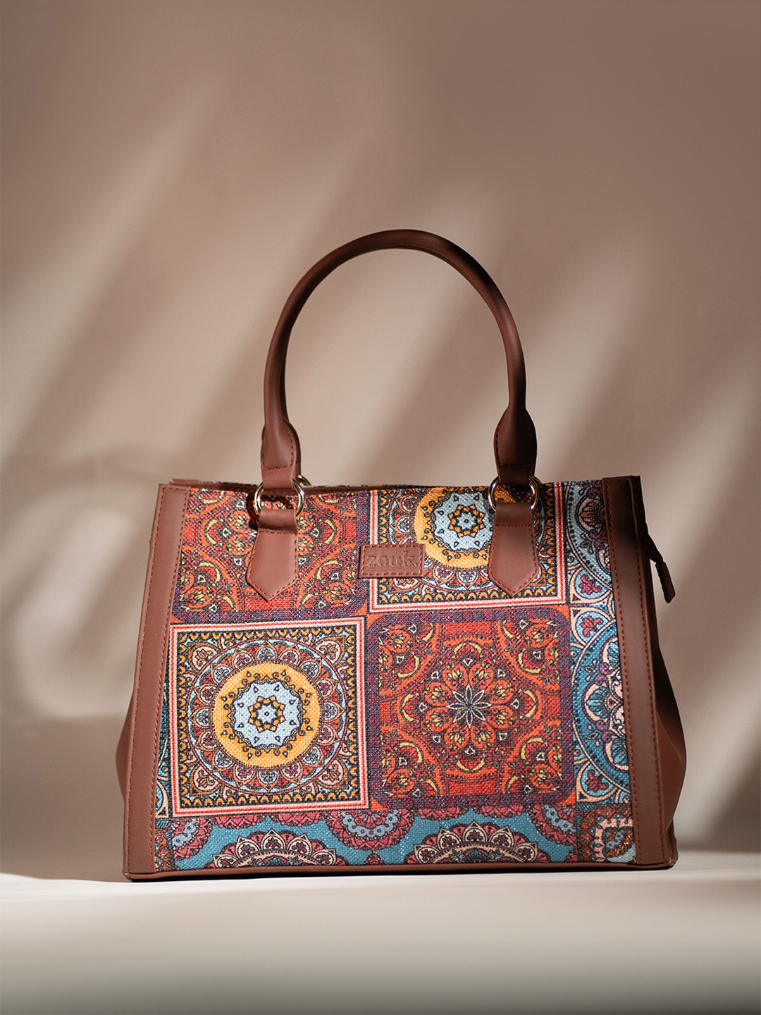 ZOUK Ethnic Motifs Printed Structured Jute Handheld Bag
