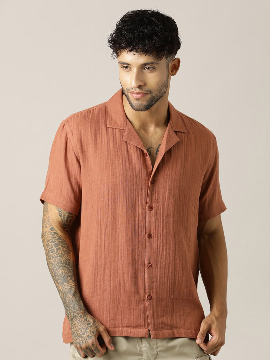 Paper Cut Relaxed Fit Band Collar Textured Cotton Shirt