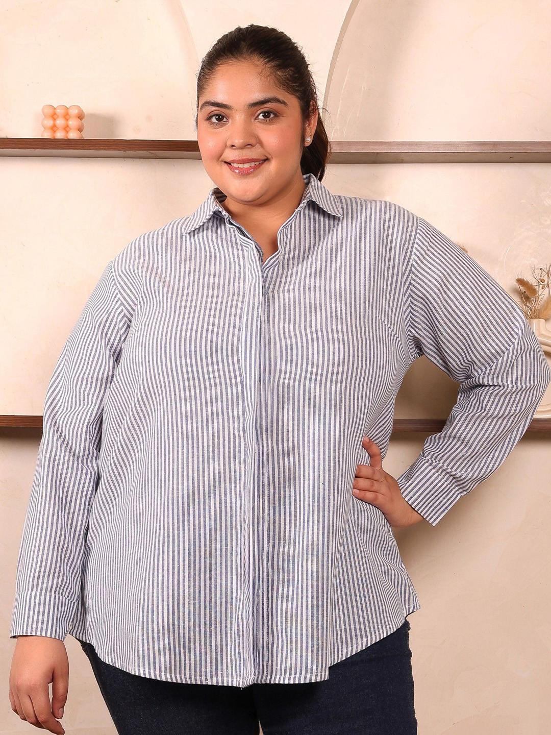 Indietoga Women Plus Size Vertical Striped Cotton Shirts