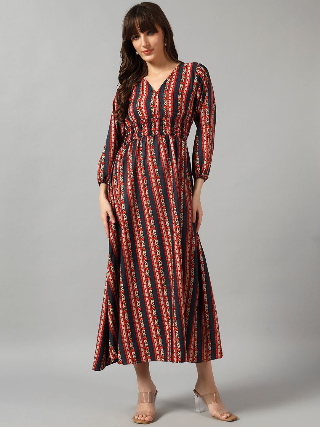 Femvy Striped Gathered Or Pleated A-Line Midi Dress