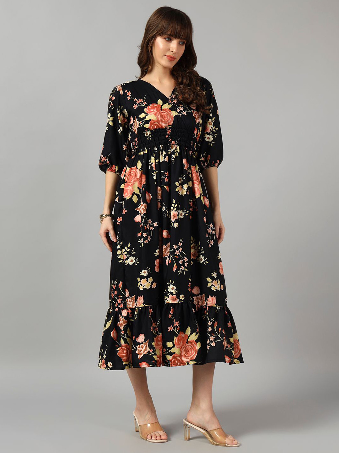 Femvy Floral Printed V- Neck Tiered Long Dress Flared Maxi Dress