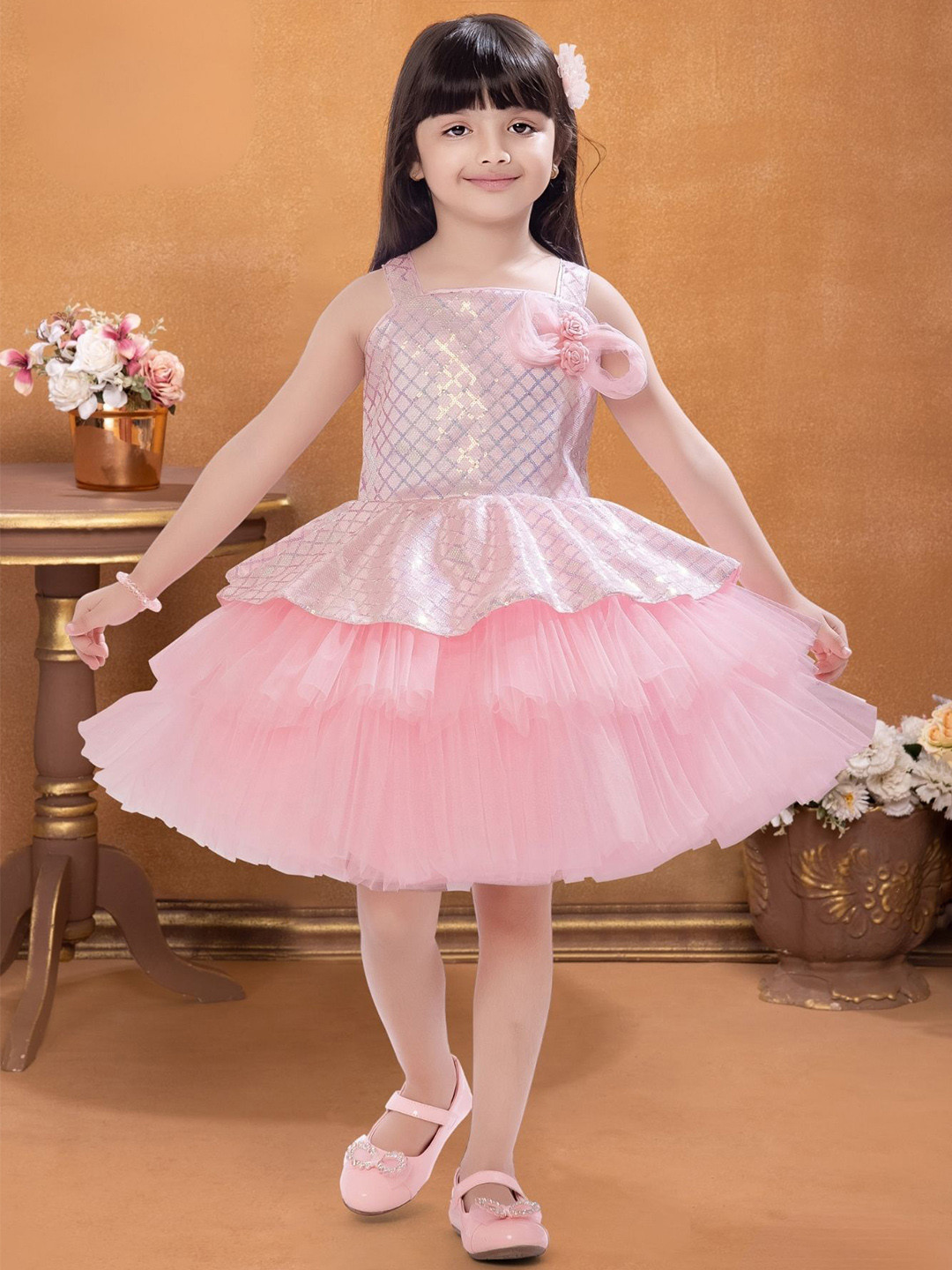 Lagorii Girls Embellished Layered Sequins Embroidered Frock Fit & Flare Dress