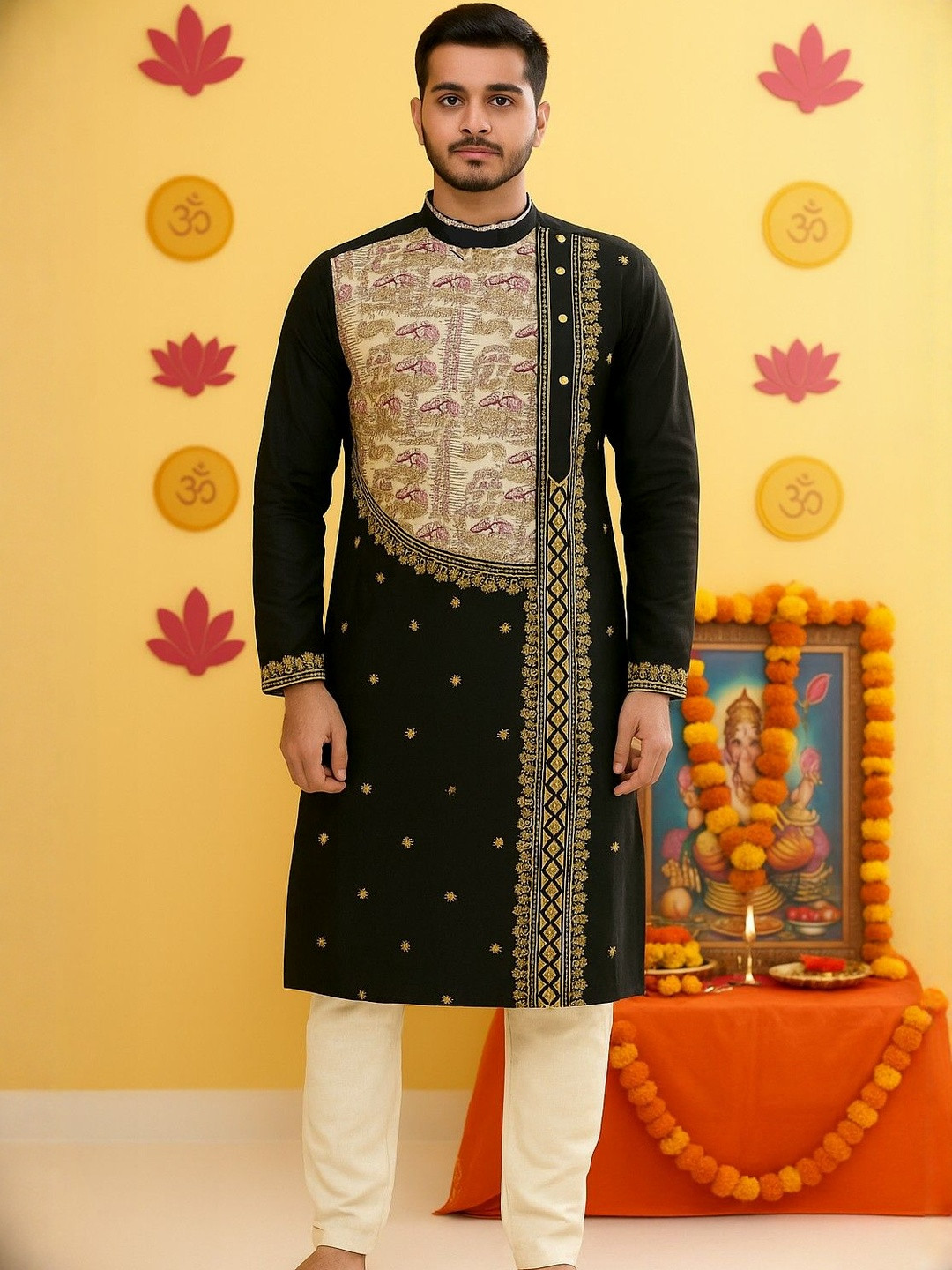 AHLAN APPARELS Embroidered Mandarin Collar Straight Kurta Set