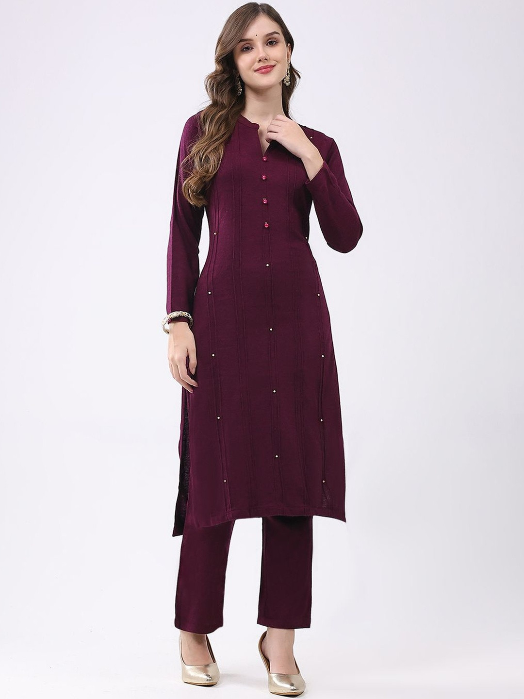 Monte Carlo Women Regular Beads and Stones Pure Wool Kurta with Trousers