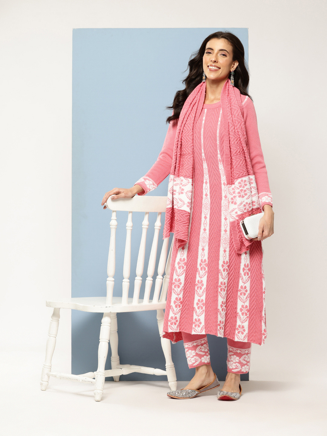 Aarika Floral Self Design Pure Wool A-Line Kurta with Trousers & Dupatta