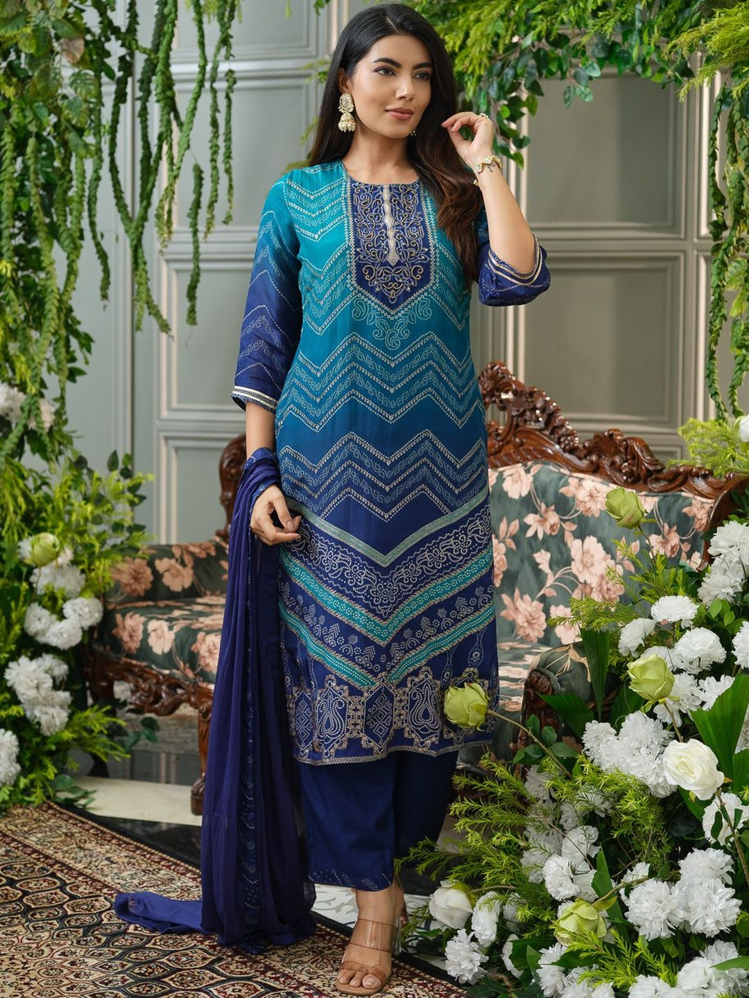 D W Apparels Bandhani Printed Round Neck Beads & Stones Kurta With Trousers & Dupatta