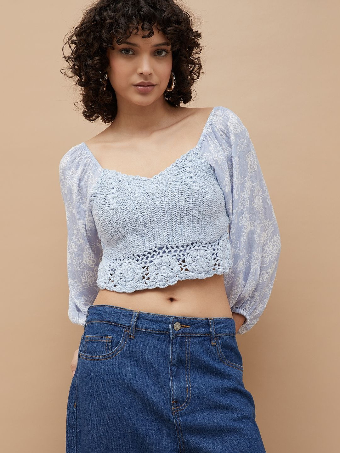 Ginger by Lifestyle Women Printed Crochet Puff Sleeves Crop Viscose Rayon Top