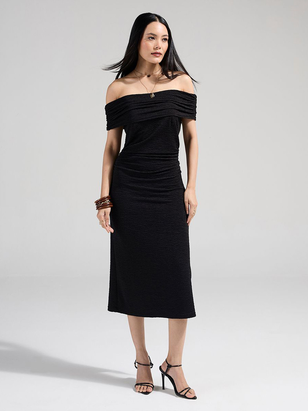 20Dresses Solid Self Design Off-Shoulder Side Slit Sheath Midi Dress