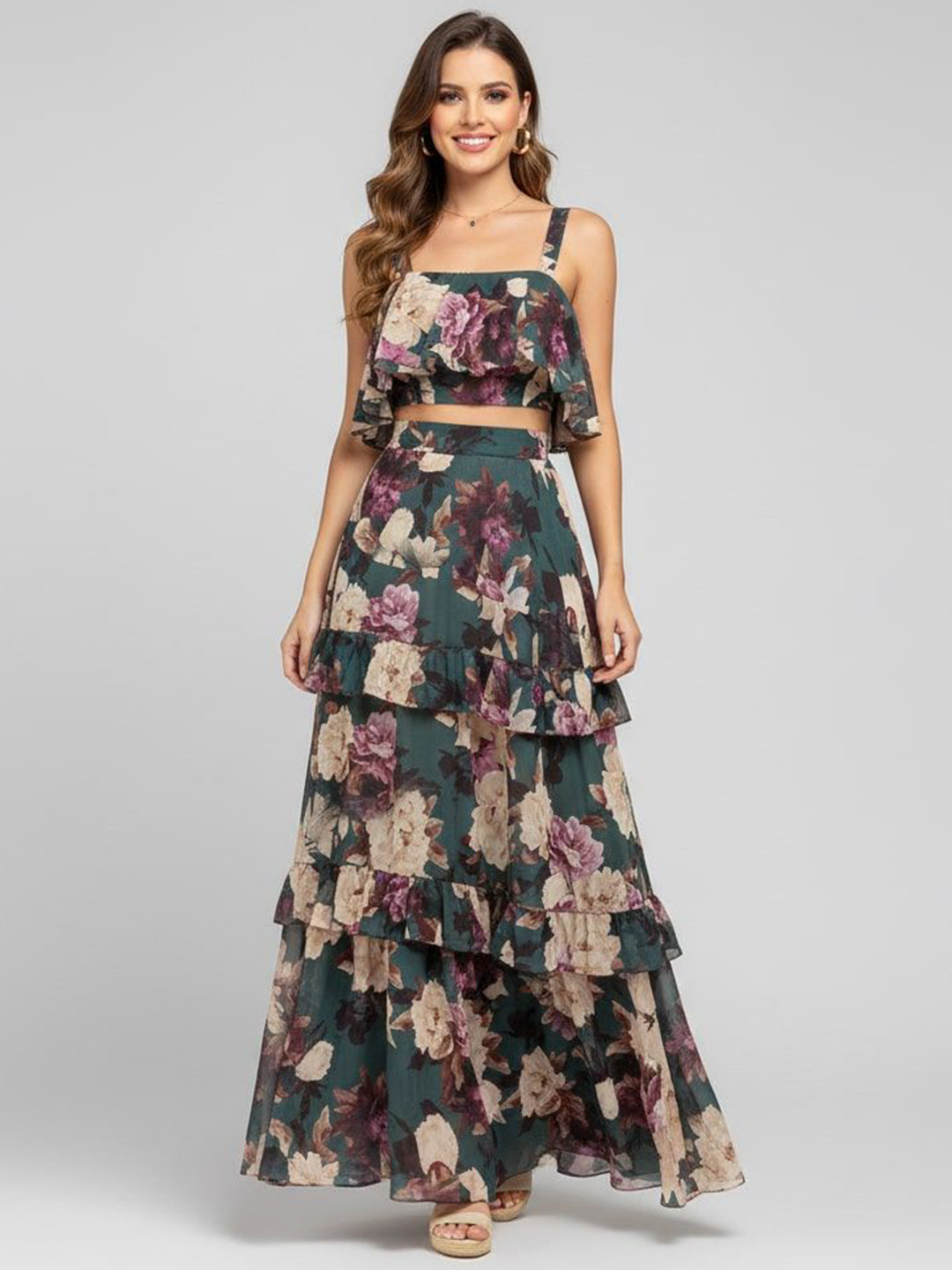 KUNDAN FAB Floral Printed Ruffled Two-Piece Co-ord Set