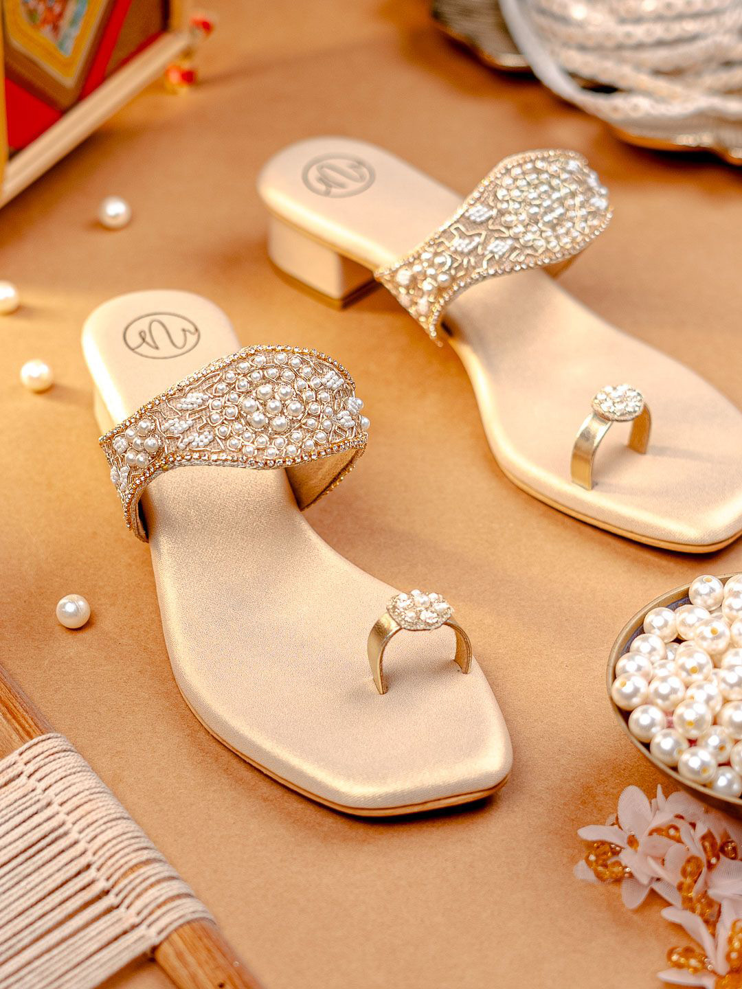 NR By Nidhi Rathi Women Embellished Open Toe Golden Block Heels with Pearl Embroidery