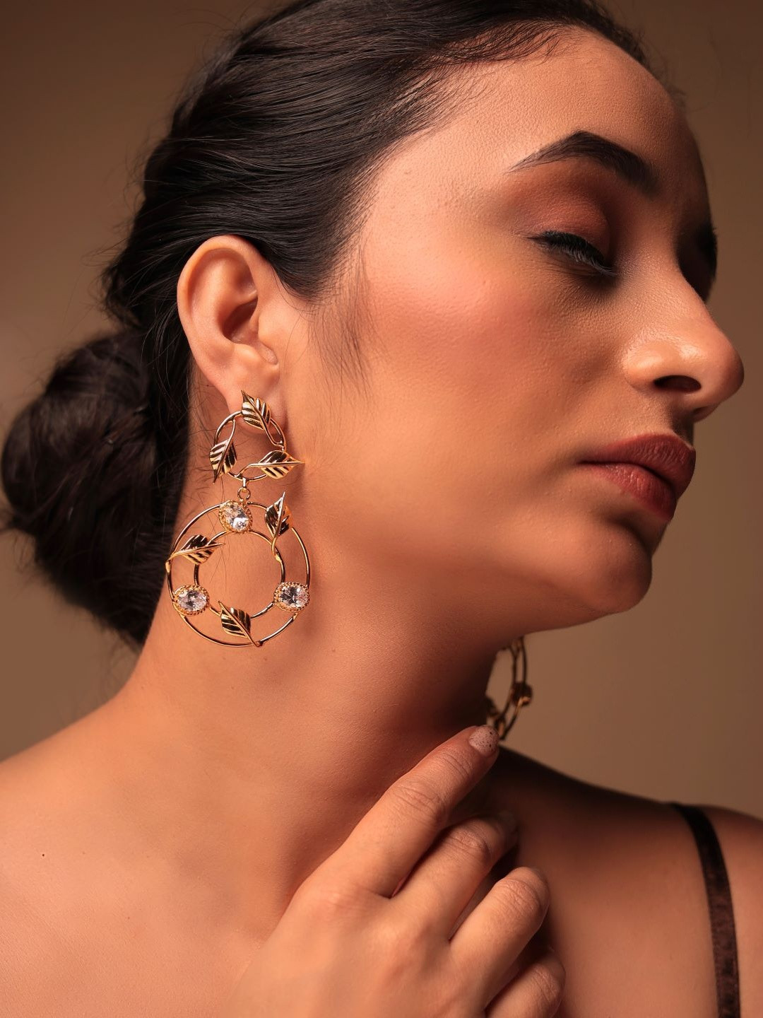 Mokshali Jewelry Gold-Plated Zircon Studded Circular Shaped Drop Earrings