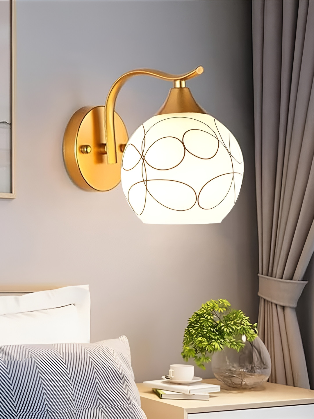 MFD HOME FURNISHING Gold-Toned Printed Metal Semi Spherical Shaped Wall Lamp