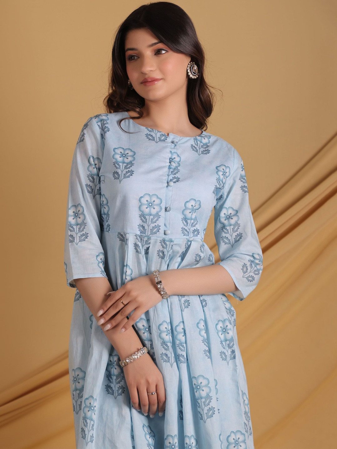 GRASS & SUNSHINE Women Floral Printed Empire Pure Cotton A-Line Kurta with Palazzos