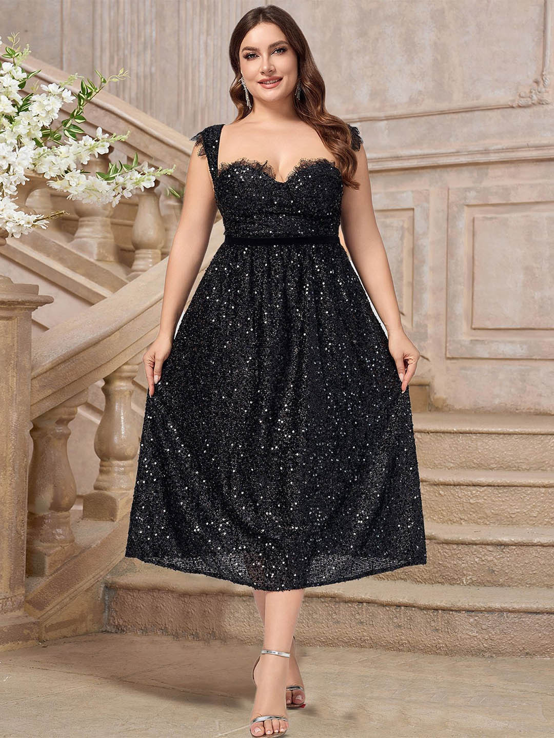 Sztori Black Poly Spdx Square Neck Embroidered Dress