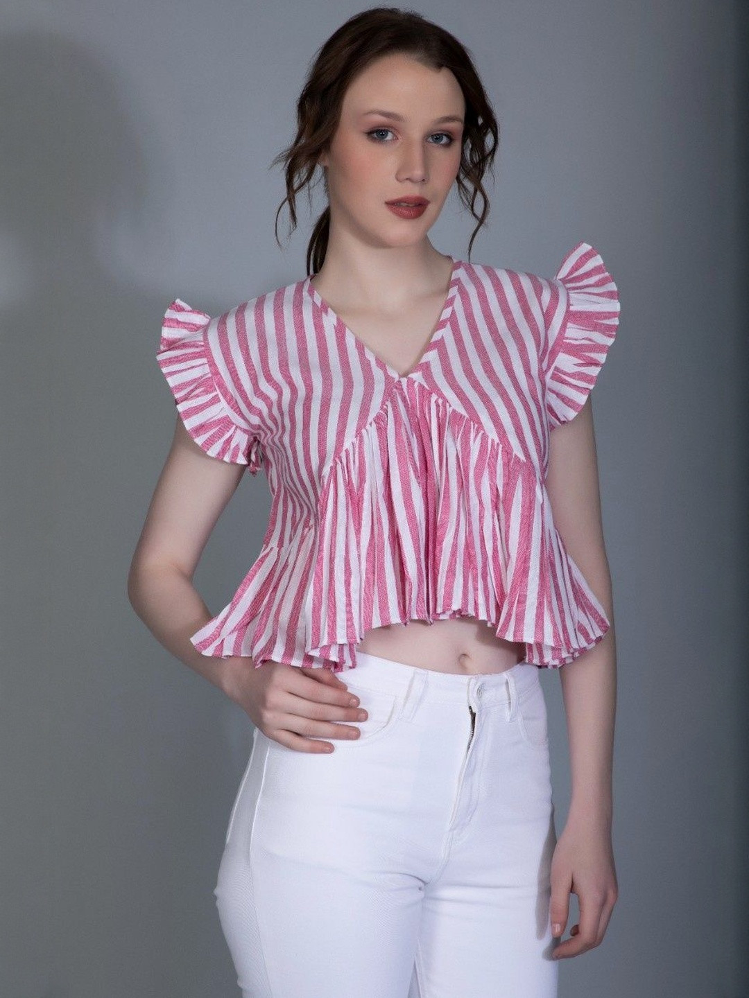 M&H Easy Striped Crop Flutter Sleeves Top