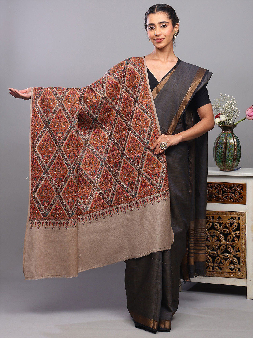Exotic India Flowers In Diamond Pattern Embroidered Woollen Shawl