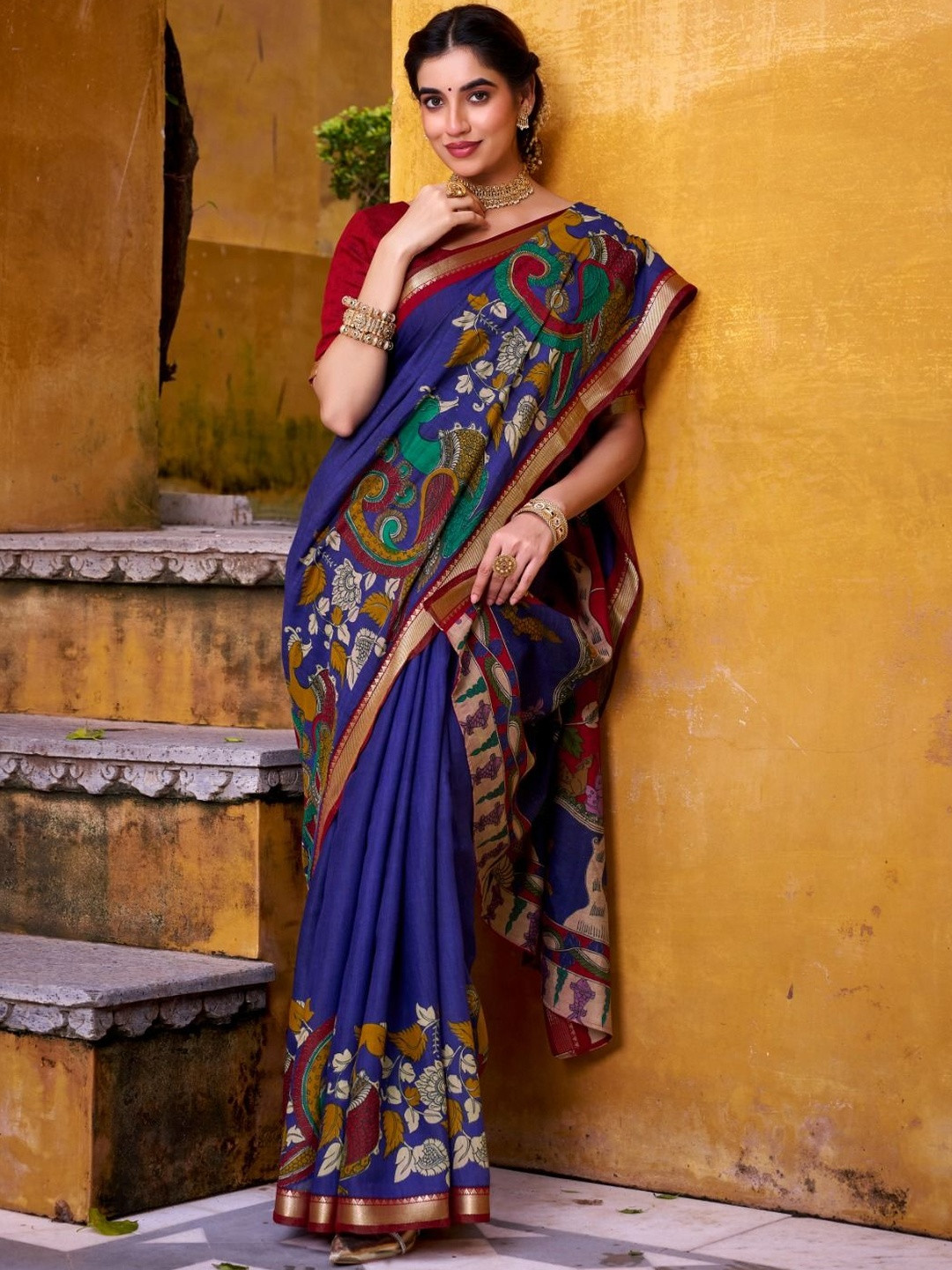 Swaraas viranshi Kalamkari Printed Zari Chanderi Saree