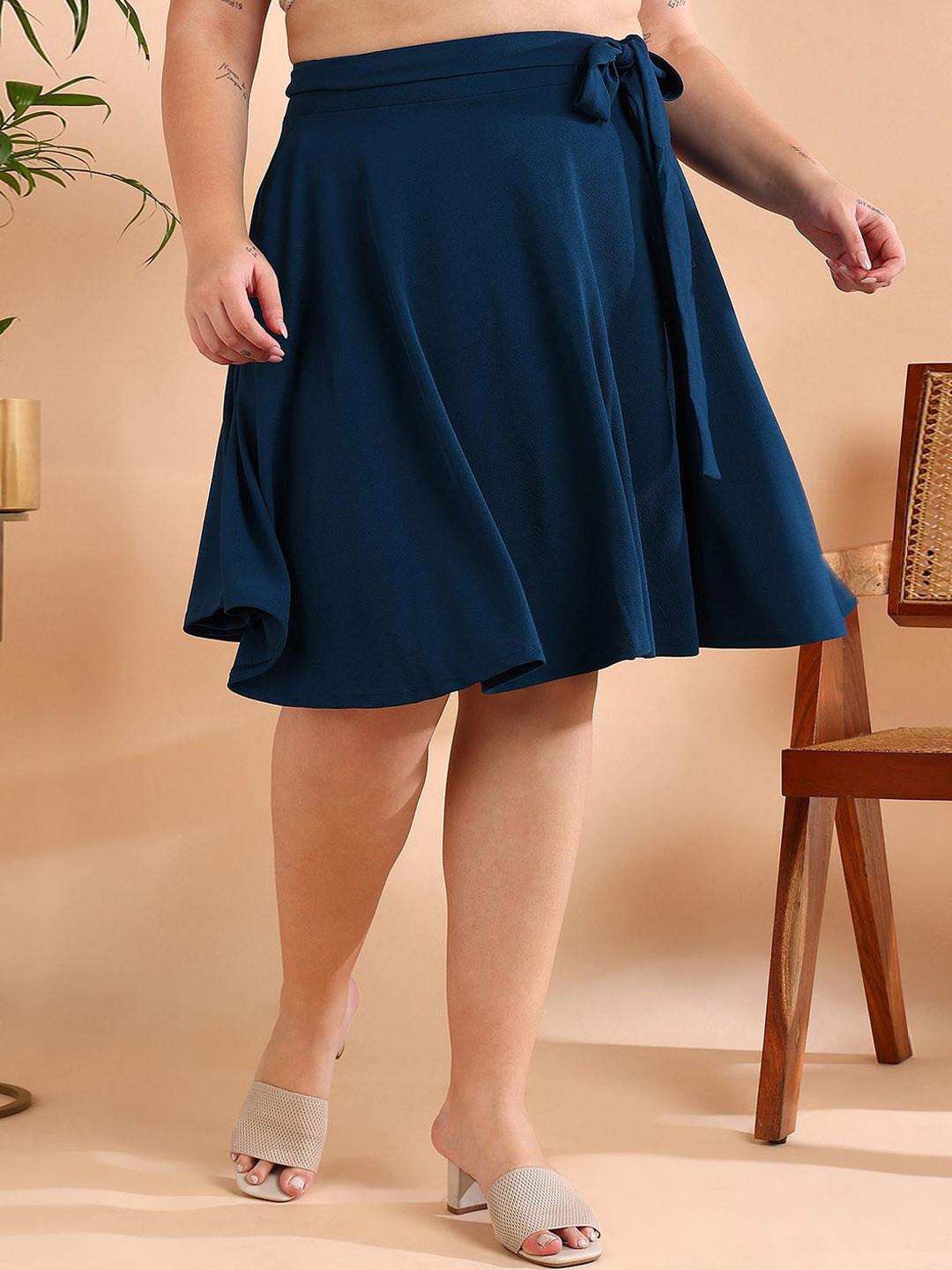 BAESD Flared Midi Length Asymmetric Skirt With Belt