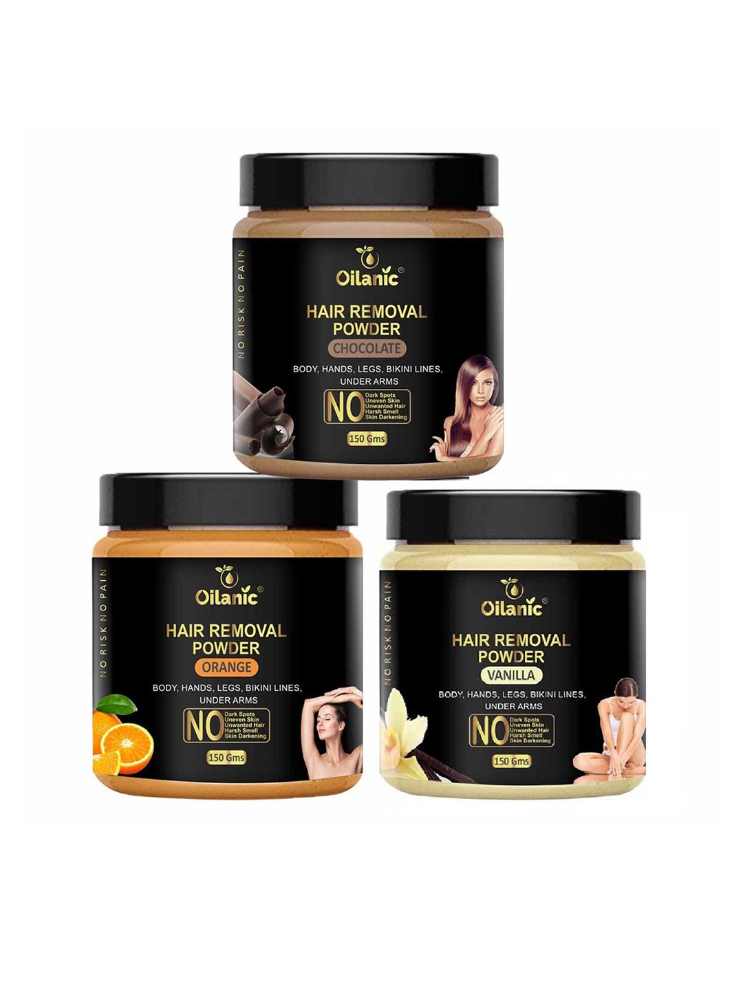 Oilanic Set Of 3 Natural Chocolate, Orange & Vanilla Hair Removal Wax Powder - 150 g Each