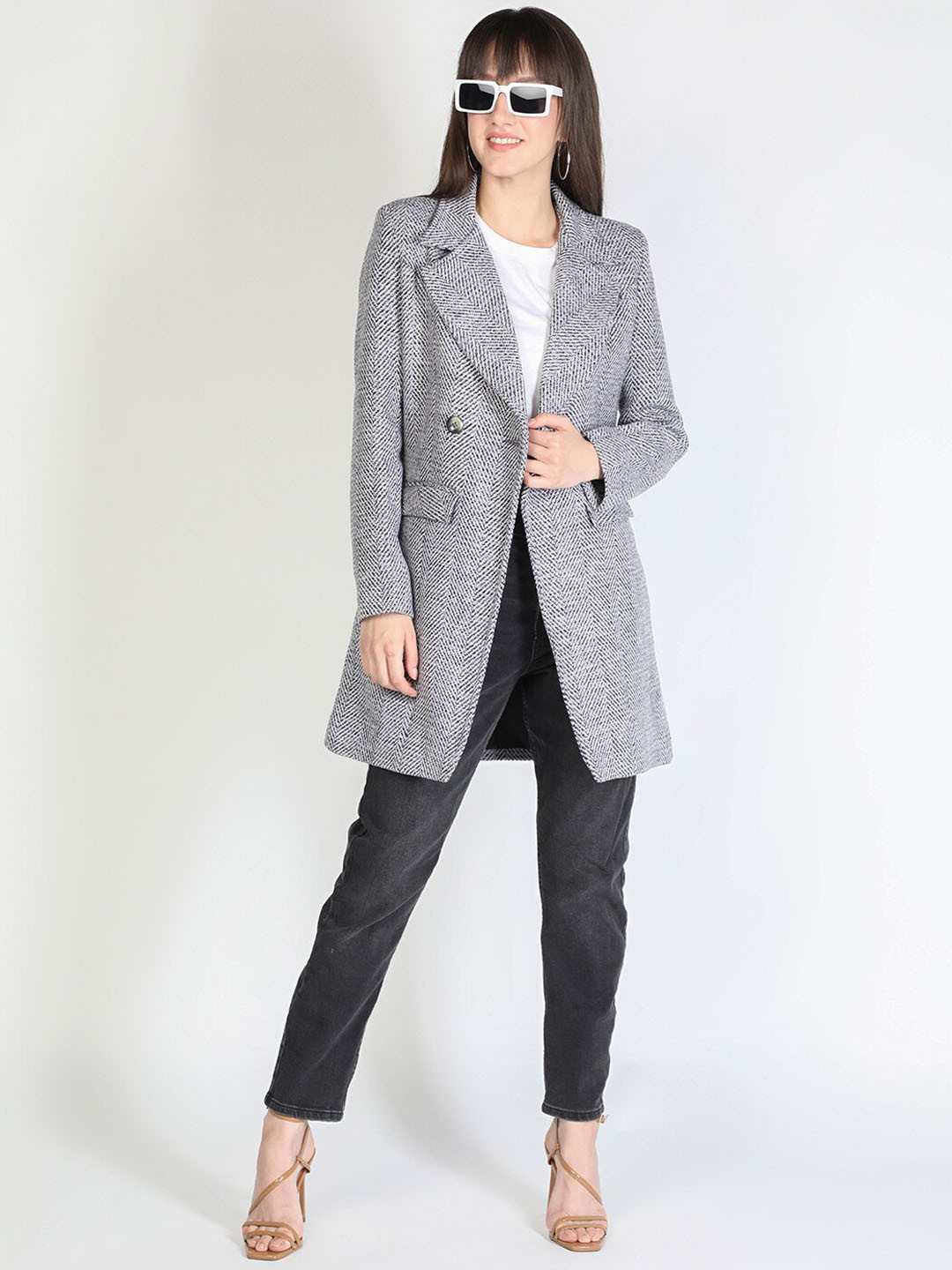 HONNETE Women Grey & White Striped Trench Coats