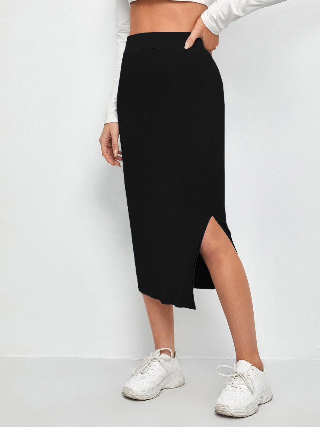 DIMPY GARMENTS Solid Side-Slit Pencil Midi Skirt