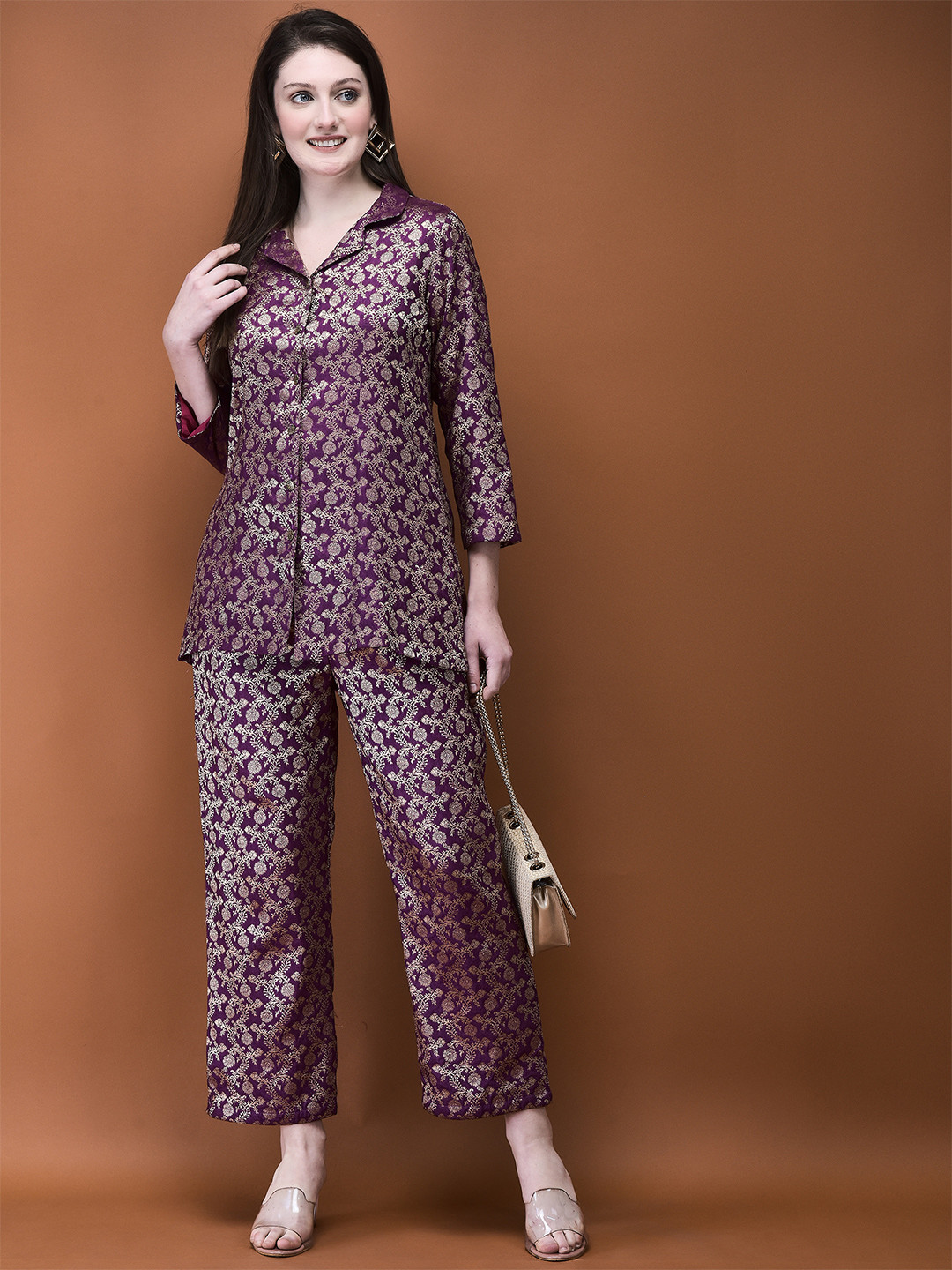 Shree Woven Design Lapel Collar Liva Shirt With Trouser