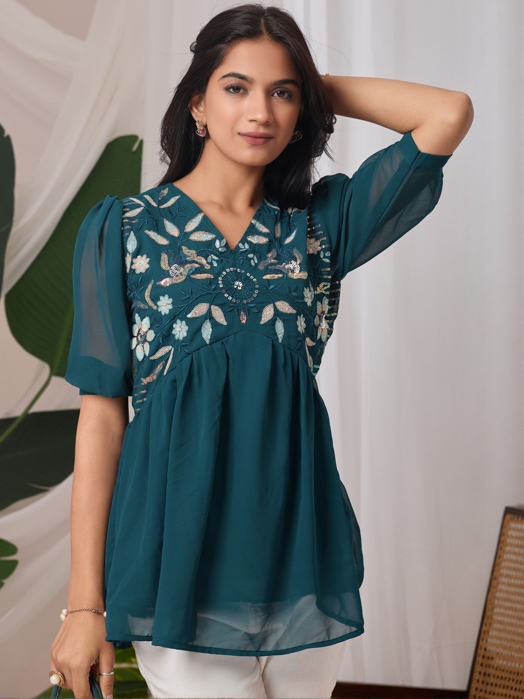 ZELZIS Women Teal Georgette Floral Embroidery Tunic Top