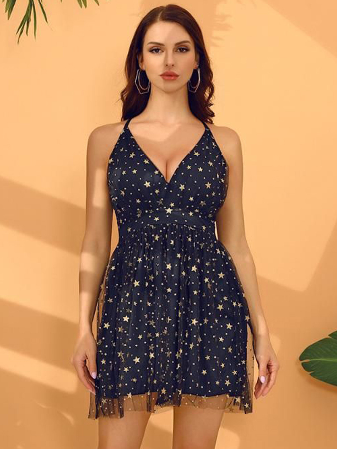 Navy Blue Star Embellished V-Neck Fit & Flare Mini Dress