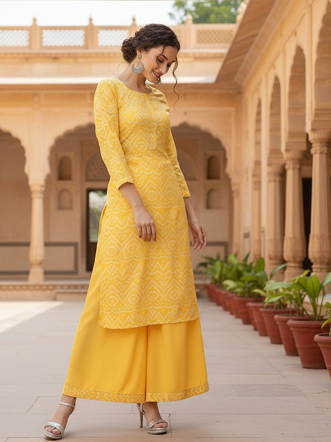 AHIKA Bandhani Printed Straight Kurta with Palazzos