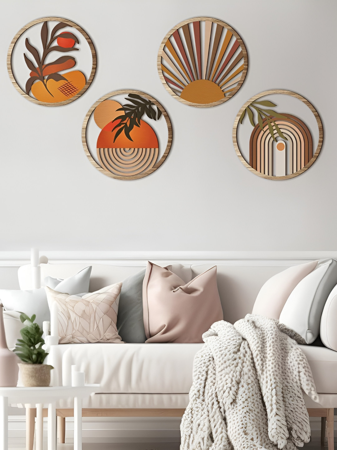 MustHome 4 Piece Beige & Green Boho-Minimalist Wooden Round Wall Plates