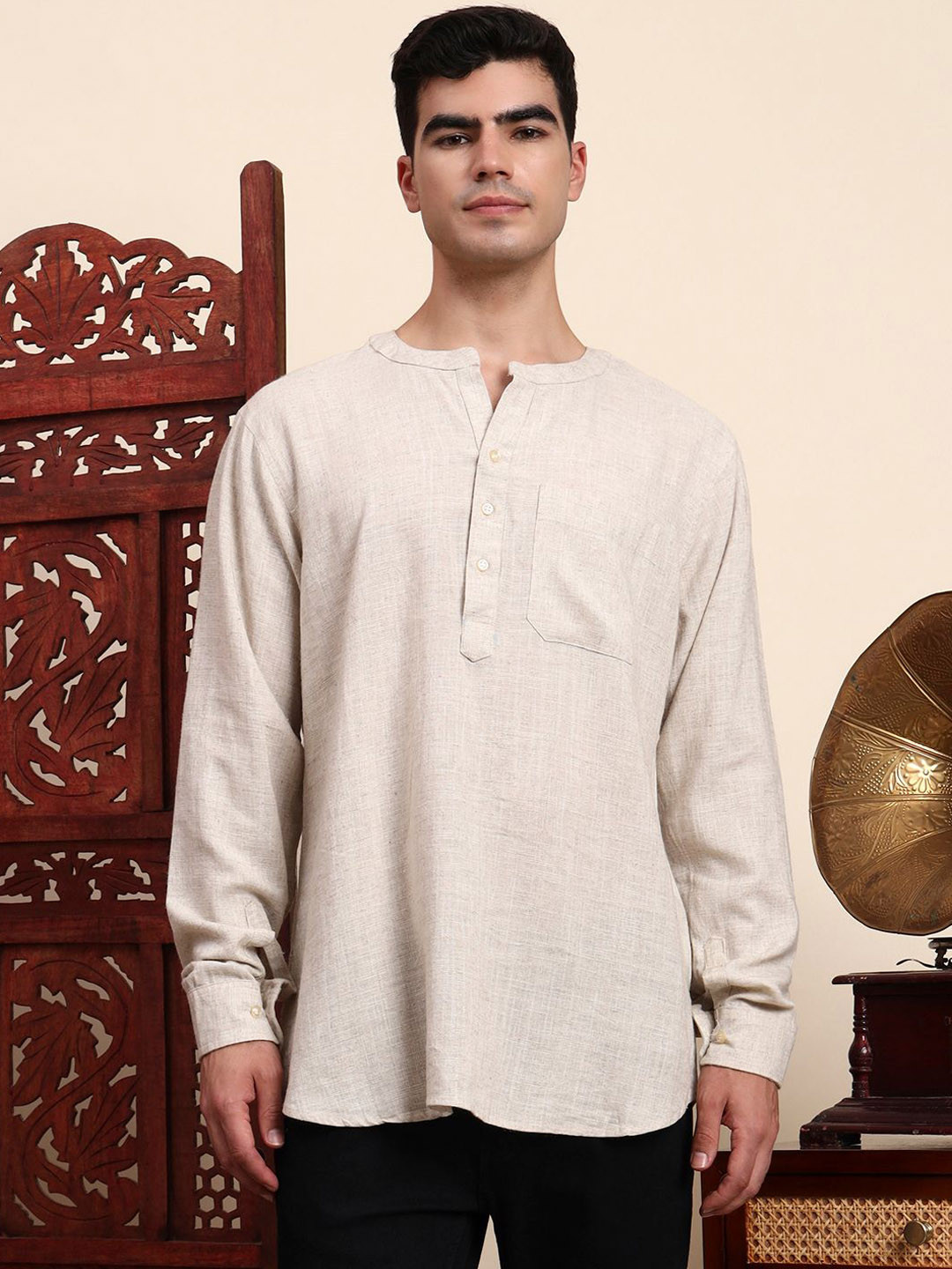 House of Pataudi Solid Khadi Short Straight Kurta