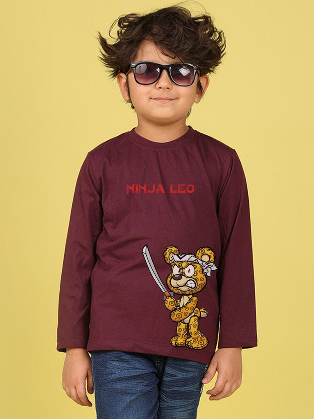 NUSYL Boys Ninja Leo Theme Graphic Printed Long Sleeves Cotton T-shirt