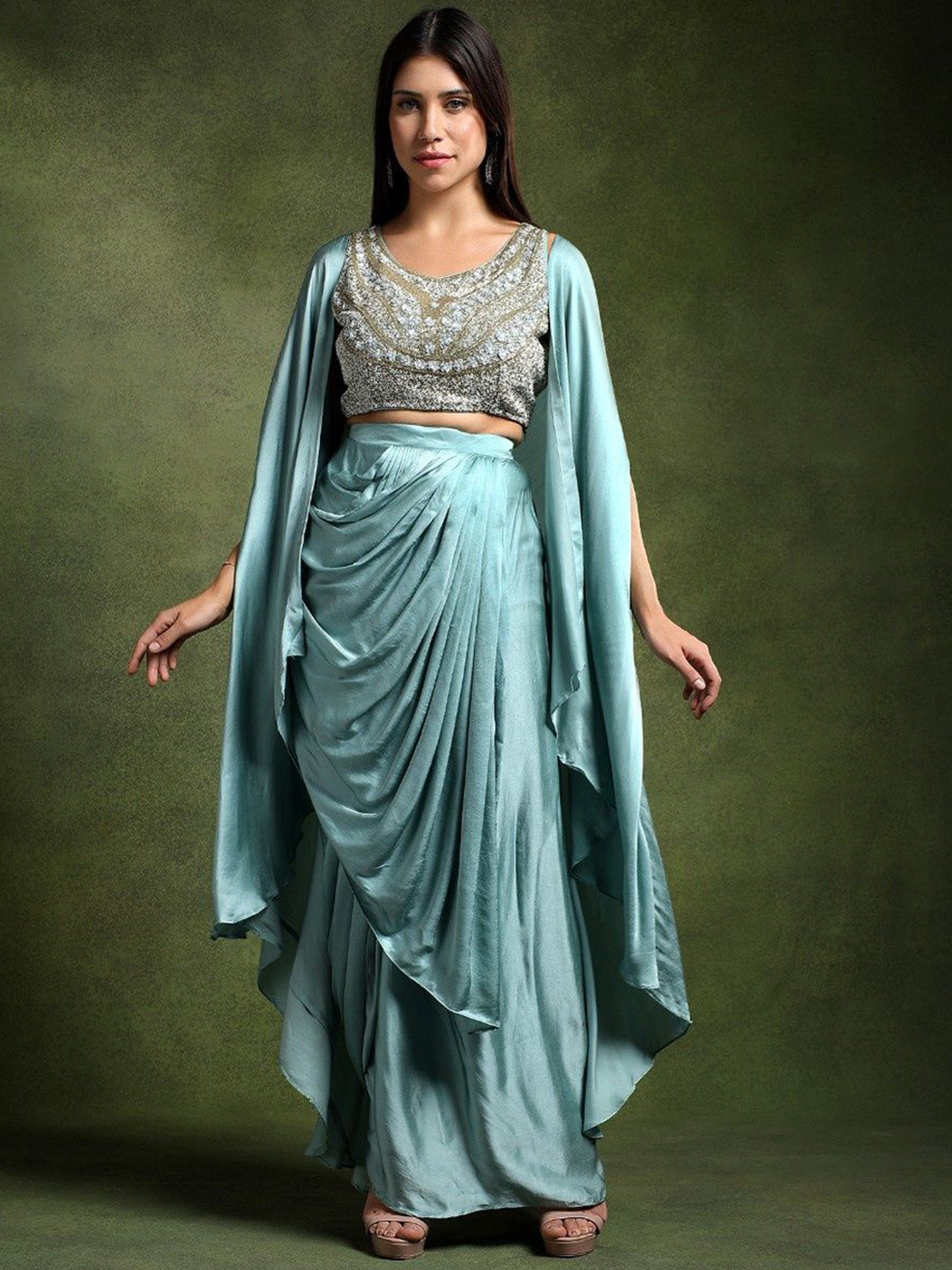 QAIYNAT Embellished Scoop Neck Satin Blouse With Cowl Drape Skirt And Cape