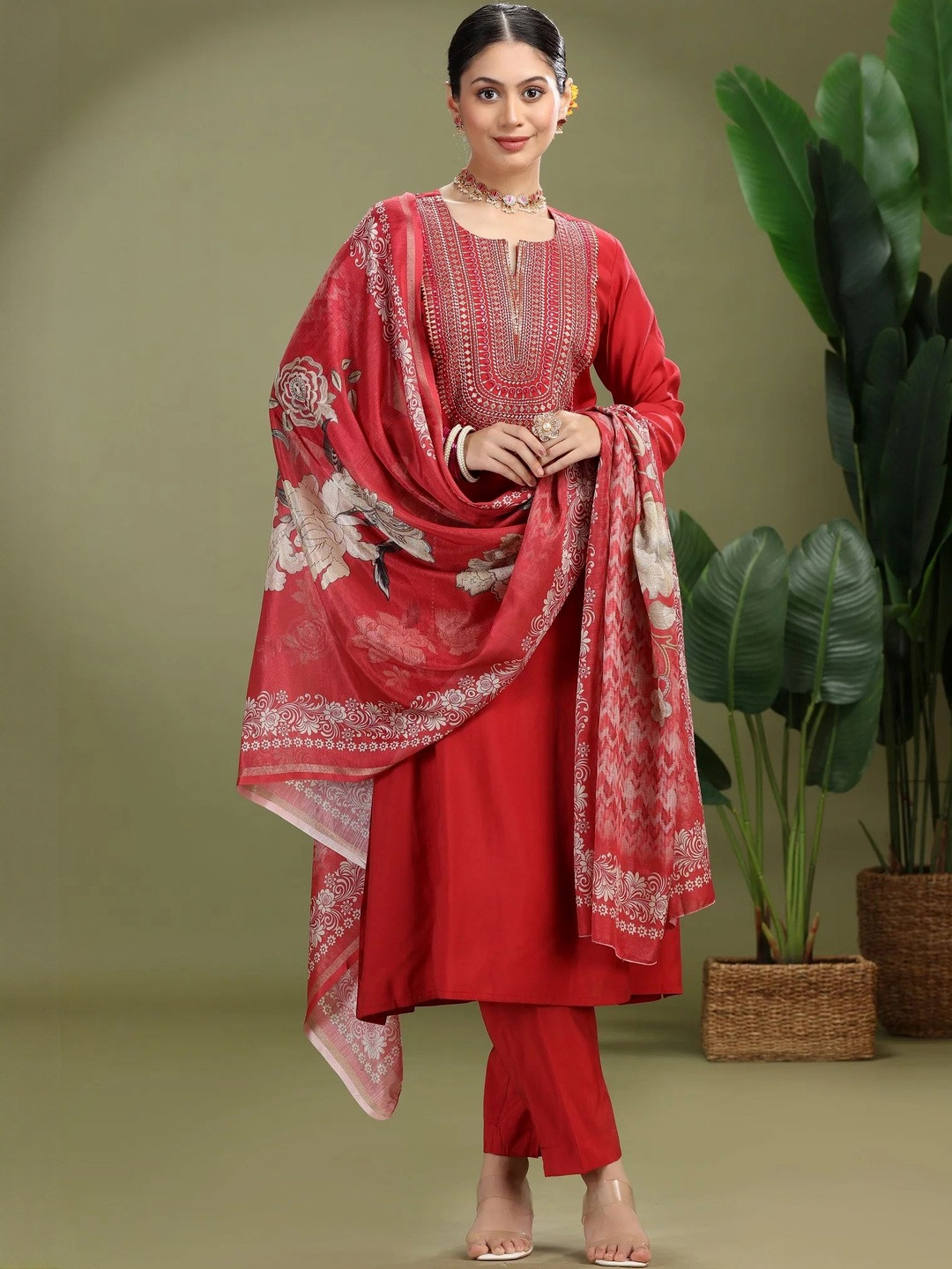COTTON CULTURE Maroon Roman Silk Embroidered Straight Kurta Pant and Dupatta Suit Set