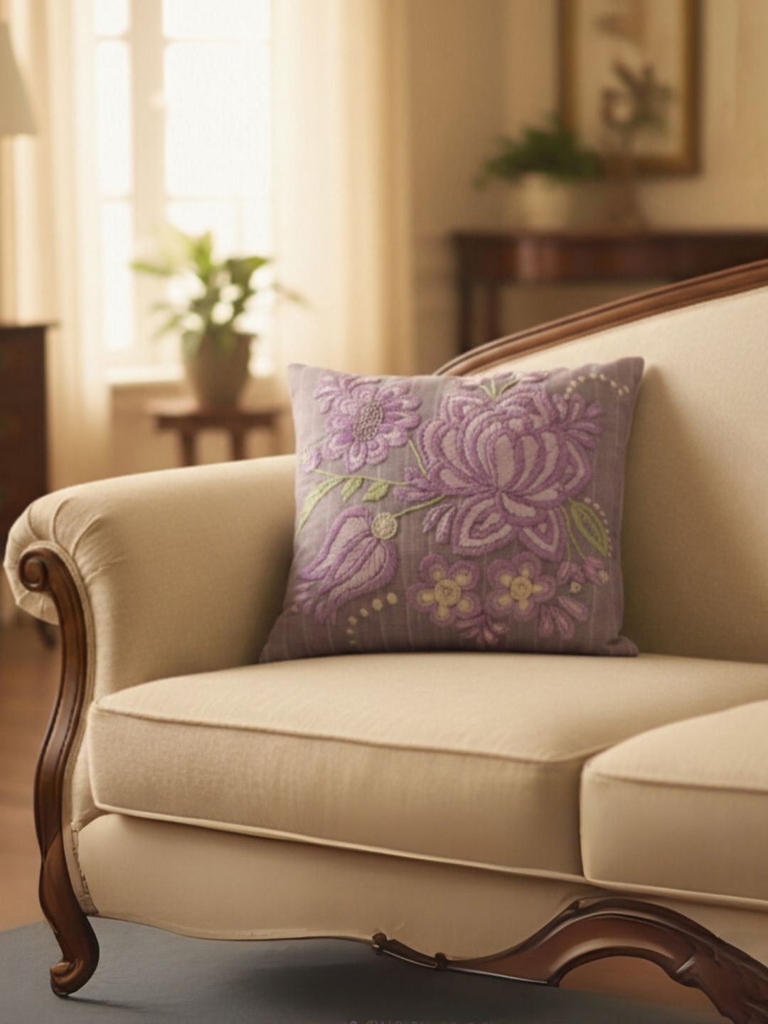 DESIGN GAATHA Purple & Green Floral Embroidered Square Cushion Cover