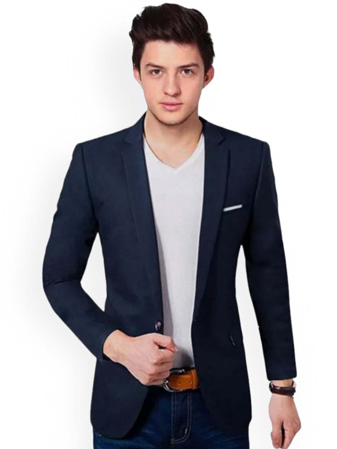 MAN BAZAR Notched Lapel Navy Blue Notched Lapel Cotton Blend Formal Blazer