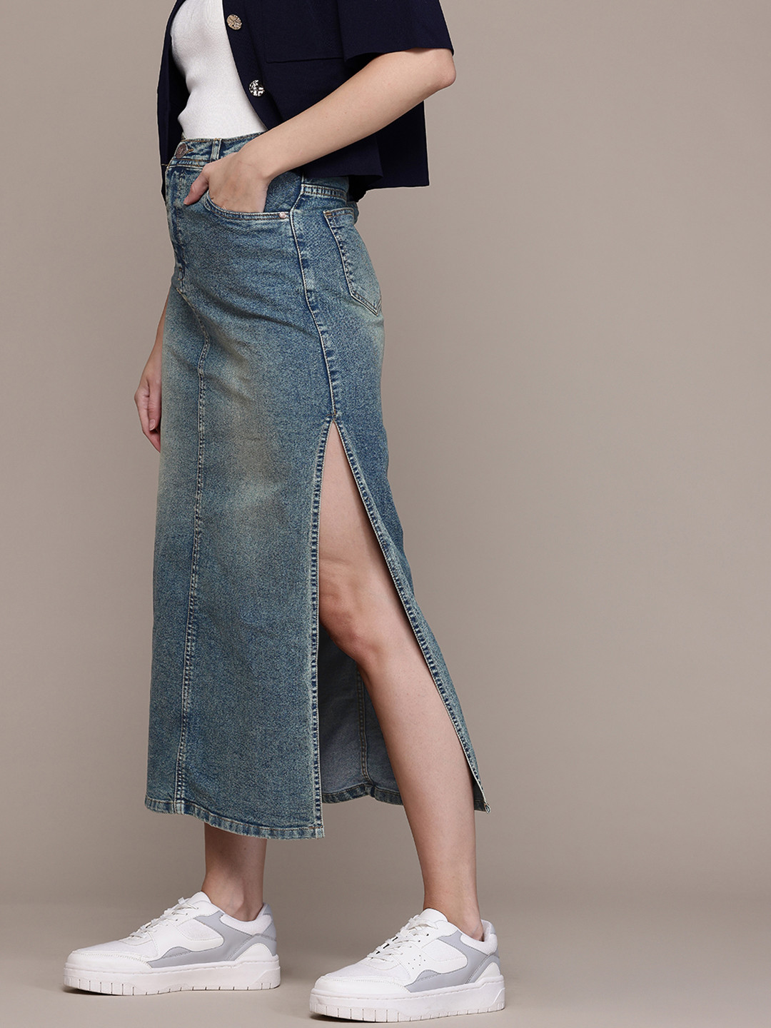 Nifty Faded Side Slit Denim Midi Skirt