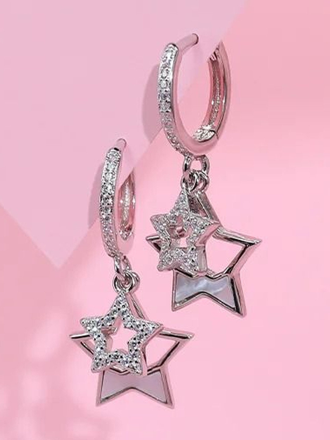 ANJ JEWELS Women Silver-Plated American Diamond Twinkling Starry Bali Earrings