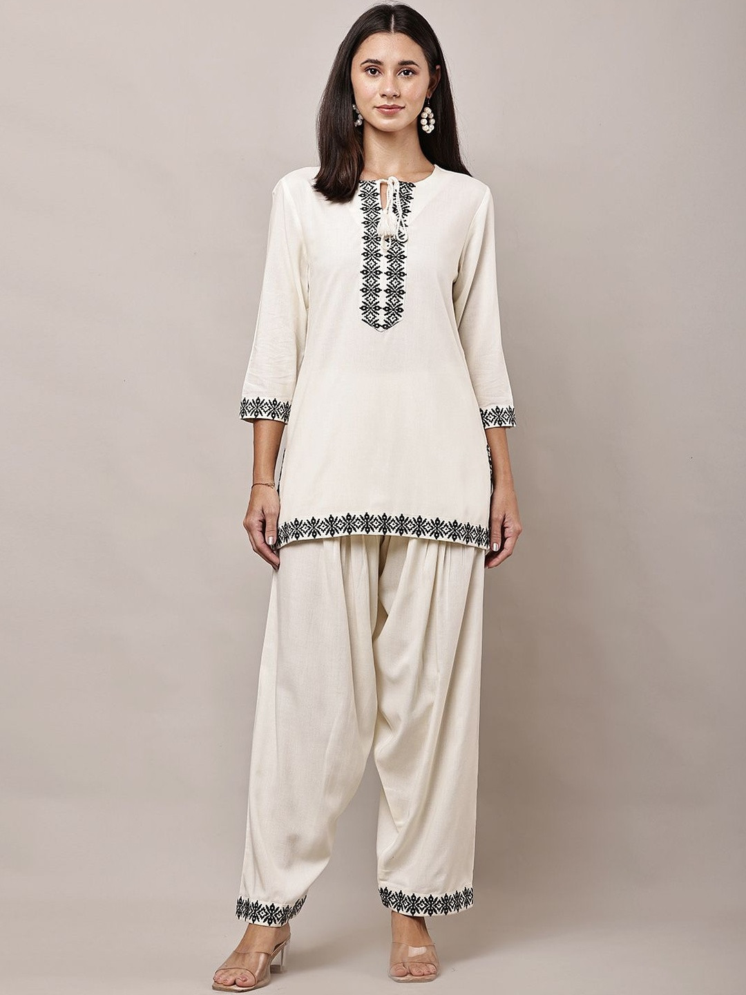 HERE&NOW Women Cream Viscose Rayon Embroidered Co-Ords