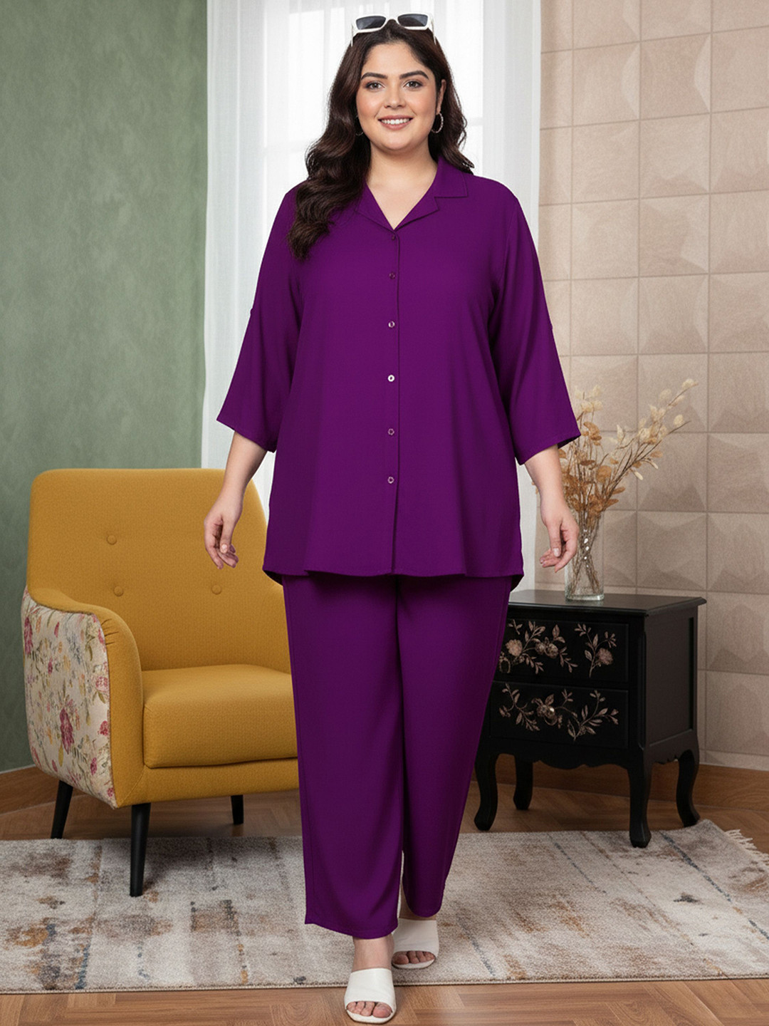 Indietoga Shirt Collar Plus Size Longline Shirt And Pyjamas